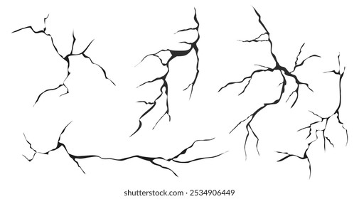 Vidro rachado, parede, ovo, fissuras na vista de cima do chão. Set concreto, fendas de desastre, superfície de terremoto, Ruined terra quebrada superfície doodle, mão desenhada