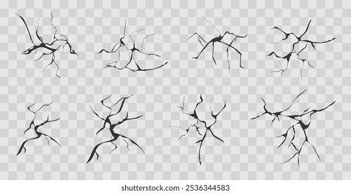 Vidro rachado, parede, ovo, fissuras na vista de cima do chão. Set concreto, fendas de desastre, superfície de terremoto, Ruined terra quebrada superfície doodle, mão desenhada