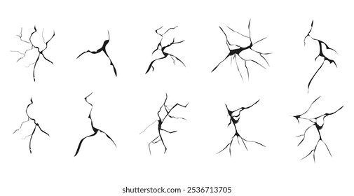 Cracked glass, wall, egg, fissures in ground top view. Set concrete, crevices from disaster, surface from earthquake, Ruined breaked land surface doodle, hand drawn