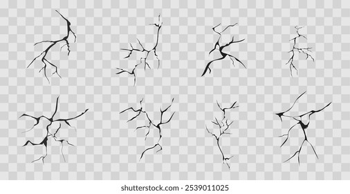 Cracked glass, wall, egg, fissures in ground top view. Set concrete, crevices from disaster, surface from earthquake, Ruined breaked land surface doodle, hand drawn