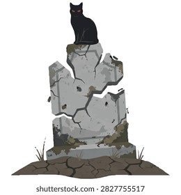 Cracked Gravestone with Black Cat Illustration