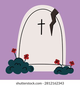 Cracked gravestone with a cross and small flowers. Simple spooky cemetery vector element for Halloween scenes, haunted landscapes and seasonal designs.