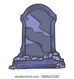 Cracked gravestone with ornate frame and scattered rocks at base, colourful vector, hand-drawn illustration, line art contour, Halloween cemetery graphic element isolated for print or sticker design