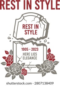 A cracked gravestone with 'Rest in Style' and dates during a spooky halloween night surrounded by roses. Ideal for stylish memorial or gothic-themed promotion.