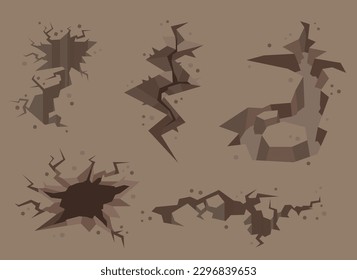 Terreno agrietado después de que se hayan establecido ilustraciones vectoriales de terremotos. Diferentes texturas de hendidura y terreno dividido, fracturas en superficie terrestre. Desastres naturales, daños, concepto de destrucción