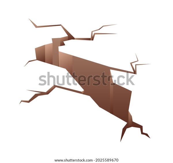 Cracked ground with hollow and fissures in
perspective. Destroyed earth surface with clefts and slits. 3d
fractures and holes in land damaged in earthquake. Flat vector
illustration isolated on
white