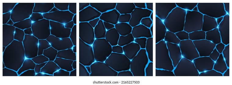 Superficie de tierra agrietada con magia azul resplandece texturas de juego sin fisuras. Antecedentes abstractos con tierra en ruinas, piedras oscuras con luz brillante de plasma o lava fundida en agujeros, ilustración vectorial de dibujos animados