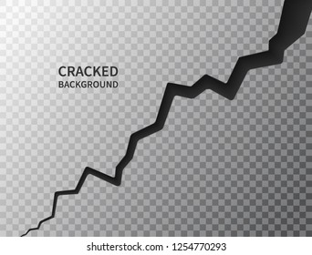 Cracked ground surface. Realistic crack texture on transparent background. Earth crack. Rift on surface. Split terrain after earthquake. Crack on the wall or on the ice. Vector illustration.