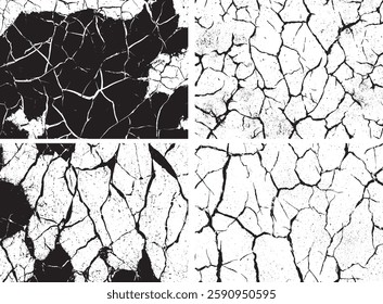 Cracked Grunge Texture Set, Black and White Vector Illustration