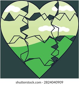 Cracked heart frame, green hills landscape, sky and clouds, creative nature illustration, broken love concept design.