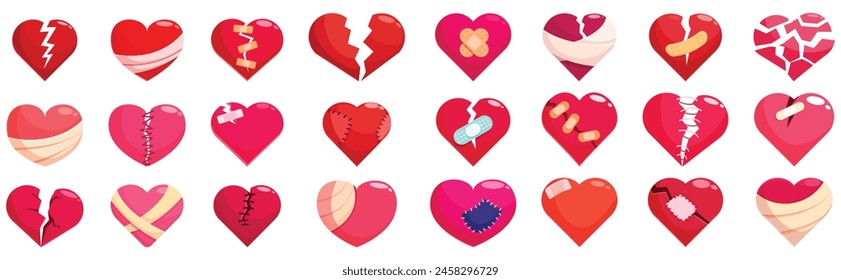 Cracked heart icons set cartoon vector. Broken bandage. Divorce emotion