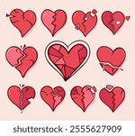 Cracked heart icons set. Collection of red distressed broken hearts symbolizing broken grief, sadness, devastation. Broken relationship concept