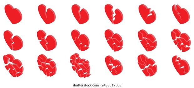 Cracked heart icons set. Collection of red isometric broken hearts symbolizing a range of emotions from slight disappointment to complete devastation