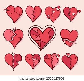 Cracked heart icons set. Collection of red distressed broken hearts symbolizing broken grief, sadness, devastation. Broken relationship concept