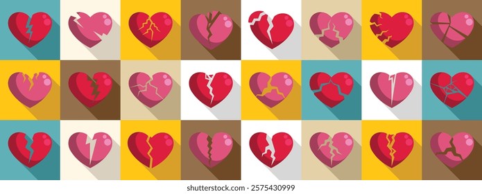 Cracked heart icons set. Collection of diverse broken heart icons symbolizing heartbreak, separation, and emotional pain