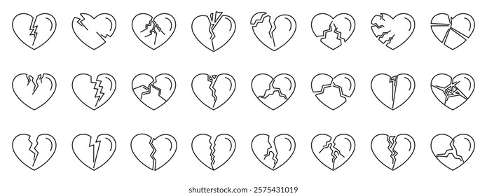 Cracked heart icons set. Collection of broken heart icons symbolizing heartbreak, loss, and emotional pain