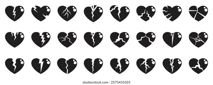 Cracked heart icons set. Different variations of broken heart icons symbolizing heartbreak, conveying feelings of sadness, loss, and emotional pain