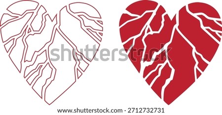 Cracked heart vector design featuring broken line art and bold distressed shapes, symbolic shattered love icons in outlined and filled styles for emotional graphic artwork.