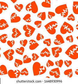 Los corazones agrietados, en tonos rojos y blancos, son un patrón impecable. Concepto de amor infeliz. Textura de ajuste para el diseño de tarjetas de felicitación de San Valentín. Formas cardíacas destrozadas colocadas al azar. Ilustración del vector EPS8.
