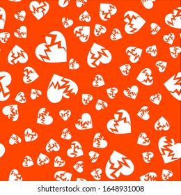 Los corazones agrietados, en colores rojos y blancos. Concepto de amor infeliz. Textura de ajuste para el diseño de tarjetas de felicitación de San Valentín. Formas cardíacas destrozadas al azar. Ilustración del vector EPS8.