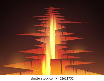 Cracked hole in ground with lava or magma and fire vector illustration