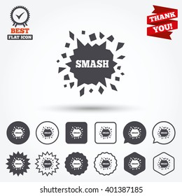 Cracked hole icon. Smash or break symbol. Circle and square buttons. Star labels and award medal. Thank you ribbon.