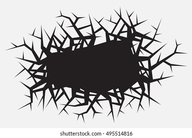 Cracked hole on the white wall. Vector illustration.