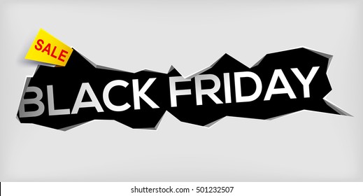 Cracked hole in wall with Black Friday inscription for sale and discount. 