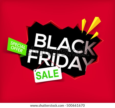 Cracked hole in wall with Black Friday inscription for sale and discount. 