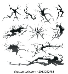 Cracked holes in ground of different size and shape realistic monochrome set isolated on white background vector illustration