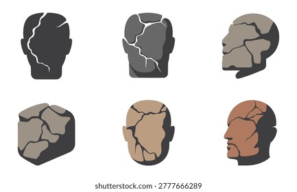 Cracked human head silhouettes in different colors and angles mental health concept
