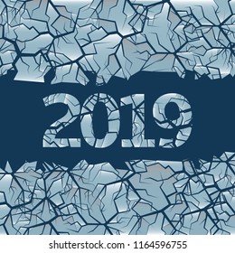 Cracked ice background. Winter frozen backdrop with hole for simple text, 2019 Happy New Year and Merry Christmas