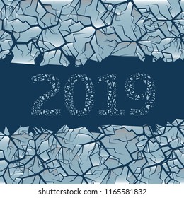 Cracked ice background. Winter frozen backdrop with hole for simple text, 2019 Happy New Year and Merry Christmas