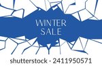Cracked ice horizontal banner with a space for text in the middle. White ice puzzle pieces. Damaged ice layout template. Mega winter sale offer poster.