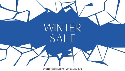 Cracked ice horizontal banner with a space for text in the middle. White ice puzzle pieces. Damaged ice layout template. Mega winter sale offer poster.