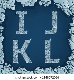 Cracked ice I J K L letters. Winter frozen symbols, Vector illustration