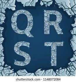 Cracked ice Q R S T letters. Winter frozen symbols, Vector illustration
