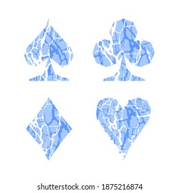 Cracked ice set icons. Playing cards symbols made of snow. Winter collection for design.