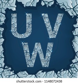 Cracked ice U V W letters. Winter frozen symbols, Vector illustration