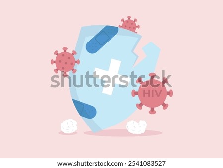 Cracked Immune system shield by HIV virus. Vector illustration in flat style.