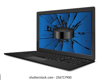 Cracked laptop hockey  on a white background. Vector illustration.