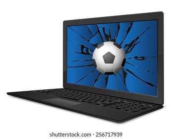 Cracked laptop soccer on a white background. Vector illustration.