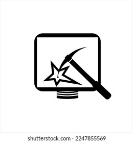 Cracked LCD screen illustration design with mining tools.