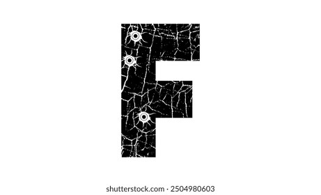 cracked Letter F with Bullet holes, black isolated silhouette