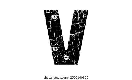 cracked Letter V with Bullet holes, black isolated silhouette