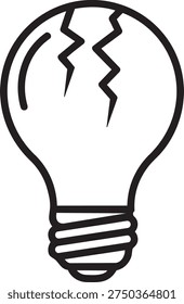 Cracked light bulb icon broken idea symbol black and white illustration