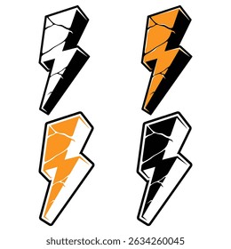 Cracked Lightning Bolt Icons, Bold Vector Thunder Symbols in Orange and Black.