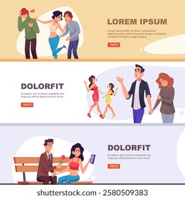 Cracked love. destructive relationship lovers vector psychological concept illustrations for web banners templates
