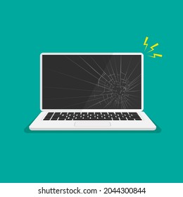 Cracked monitor. Black broken laptop display. Repair computer. Vector illustration in trendy flat style.