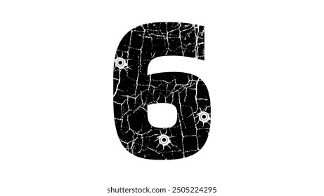 cracked number 6 with Bullet holes, black isolated silhouette